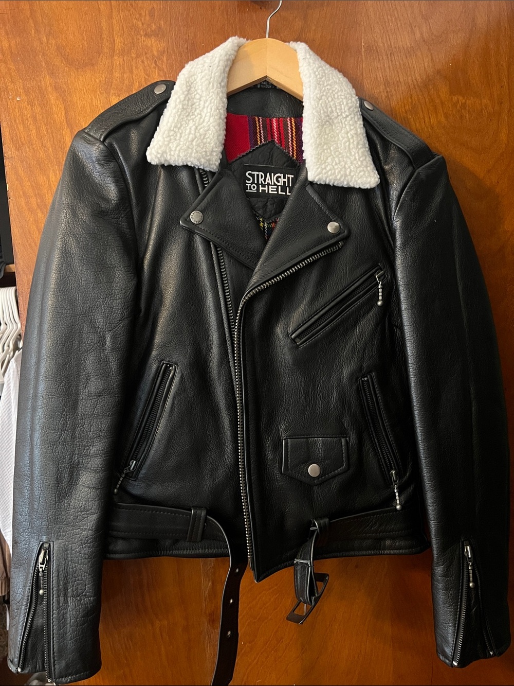 Straight To Hell Women's Black Leather Bomber Jacket with White Sherpa Collar